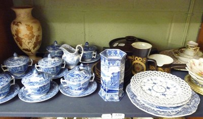 Lot 336 - A shelf of ceramics including Spode blue and white soup bowls, covers and stands, Denby...