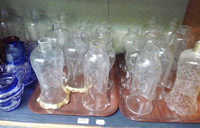 Lot 339 - Shelf of glass including shades, ruby and blue flash vases, etc