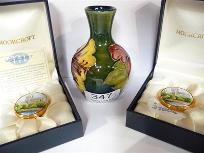 Lot 347 - Miniature Moorcroft vase and two Moorcroft enamel boxes