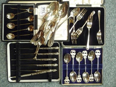 Lot 351 - Cased silver teaspoons, cake forks, coffee bean spoons and assortment of silver teaspoons etc