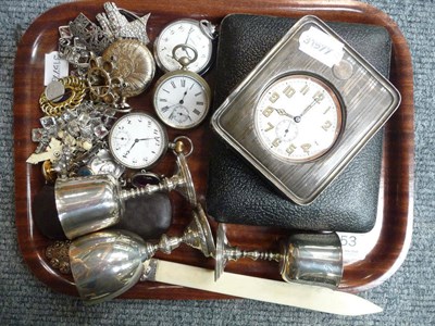 Lot 353 - A tray of small silver items including pocket watches, costume jewellery, silver case for a...