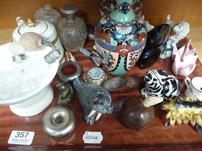 Lot 357 - A tray of ornaments, pair of cloisonne vases, MacIntyre teapot, miniatures, etc