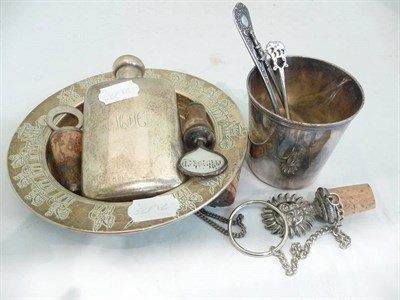 Lot 366 - Silver hip flask, silver dish and two bottle stoppers, three spoons and a white metal beaker, etc