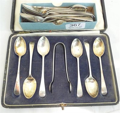 Lot 367 - Cased teaspoons and tongs, six teaspoons, eleven coffee spoons and a jam spoon, etc