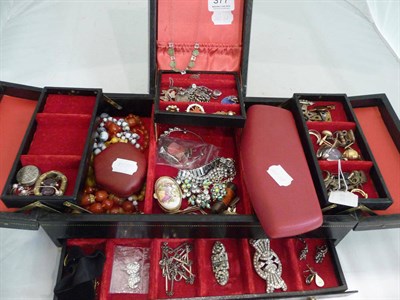 Lot 377 - A box of silver and costume jewellery including paste brooches, simulated pearls, a compass, beads