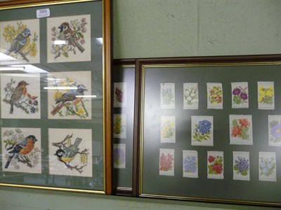 Lot 395 - Needlework picture of birds and two framed silk flower cigarette card pictures