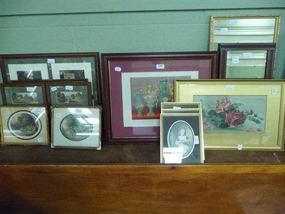 Lot 398 - Three Le Blond prints, three similar prints, an oil of roses, five other prints and two mirrors...