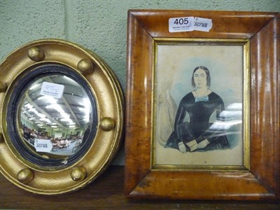 Lot 405 - A 19th century watercolour portrait of a lady in a maple frame and a small convex mirror