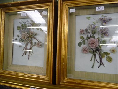 Lot 407 - Pair of box framed porcelain floral still lives