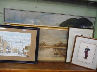 Lot 412 - Two oil landscapes, a watercolour and two military prints