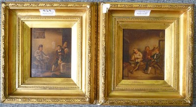 Lot 414 - Pair of gilt framed oils, Tavern Interiors, oils on board, after David Tenniers or Brouwer