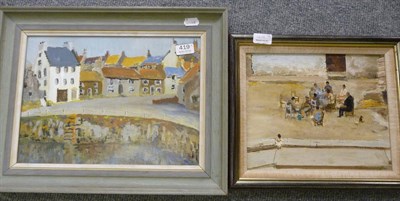 Lot 419 - Doris McIntyre - oil "the Harbour at Crail"; Austen Hayes, oil, Spanish Village Family.(2)