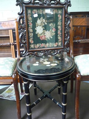 Lot 440 - A Victorian papier mache tray top table with ebonised stand and a Victorian small firescreen...