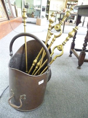 Lot 477 - Copper coal skuttle and brass irons