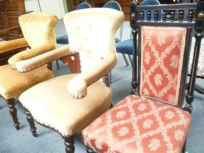 Lot 505 - A pair of Victorian tub-shaped open armchairs and a Victorian ebonised nursing chair