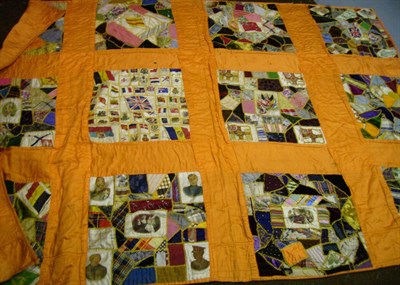 Lot 1033 - Crazy Patchwork Panelled Quilt comprising twelve squares of crazy patchwork and printed silks on an