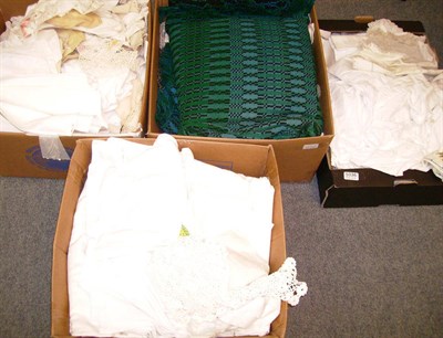 Lot 1036 - Green Ground Welsh Blanket, Assorted White Linen, Embroidered And Other Textiles, Costume Etc...