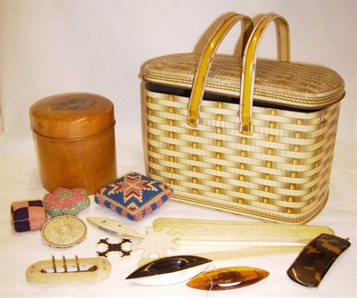 Lot 1041 - Various Bone Sewing Accessories, buckles, assorted fabric and bone pin cushions, treen...