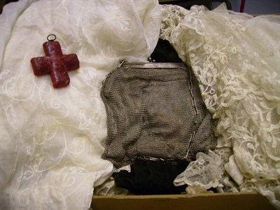 Lot 1042 - Silver Plated Mesh Purse, Another Smaller, red leather and silk  pin cushion in the shape of a...