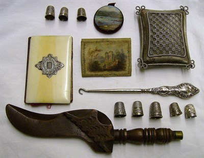 Lot 1047 - Assorted Sewing Accessories including carved gull wing knitting sheath; pierced silver mounted...