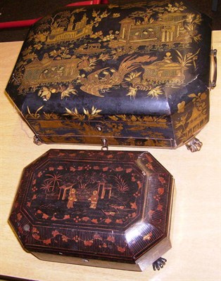 Lot 1048 - 19th Century Lacquered Hinged Work Box, another smaller, pair of gilt metal tie backs (one af);...