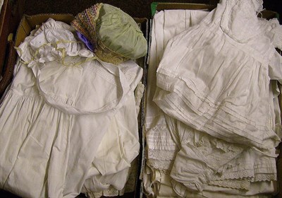 Lot 1068 - Assorted 19th Century And Later White Cotton Undergarments, Christening Dresses, Two Bonnets Etc in