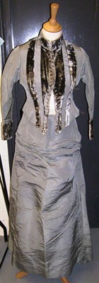 Lot 1084 - 19th Century Grey Silk Taffeta Two Piece comprising a fitted jacket with velvet trims, glass...