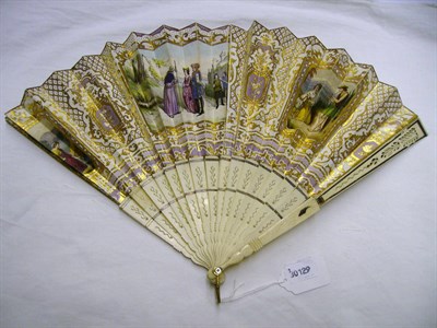 Lot 1091 - 19th Century Fan with pierced bone sticks and guards and paper mount printed with 18th century...