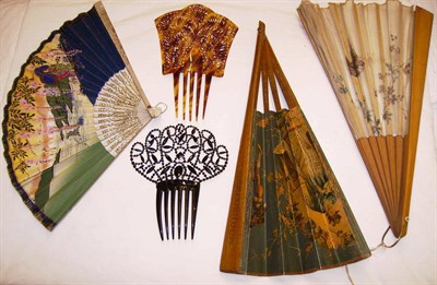 Lot 1093 - Thirteen Assorted Fans including paper fans, sandalwood fan with painted gauze mount; cockade...