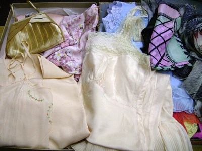 Lot 1102 - Assorted 1940's And Later Lingerie including pink satin robe, embroidered slip, evening bags,...