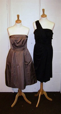 Lot 1107 - Assorted 1950's And Later Cocktail Dresses including a brown satin strapless cocktail dress...