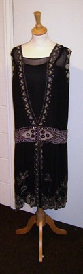 Lot 1110 - Circa 1920's Black Chiffon And Beaded Shift Dress, white metal mesh evening purse with a...