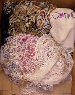 Lot 1119 - Cream Silk Floral Embroidered Shawl; chiffon and velvet flocked shawl and two printed silk...