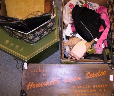 Lot 1120 - Assorted Handbags, Hats, Corsets, Collars Ltd Household Linen Service box and cover etc