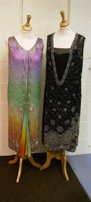 Lot 1133 - Circa 1920's 'Rainbow' Chiffon And Beaded Shift Dress; black chiffon shift dress with beaded cobweb