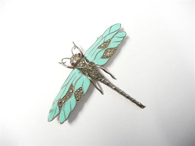 Lot 1137 - A Dragonfly Brooch, with a marcasite encrusted body, and turquoise colour enamelled wings, with...