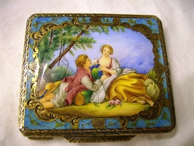 Lot 1150 - A French Enamel Compact depicting a shepherd and shepherdess, 8.5cms by 7.5cms