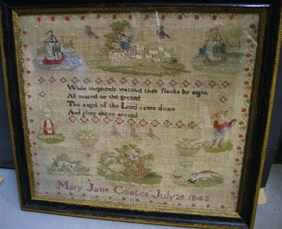 Lot 1154 - Framed Woolwork Sampler by Mary Jane Coates, July 29 1842, worked in cross stitch with central...