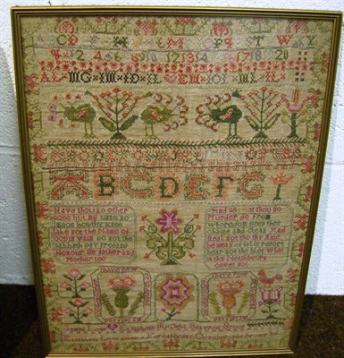 Lot 1158 - Framed Sampler By Elisabeth Low Aged 9, Forgandenny 1818, worked in cross stitch depicting alphabet