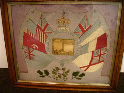 Lot 1160 - Maple Framed Embroidered Picture depicting British and other flags with a beaded coronet...