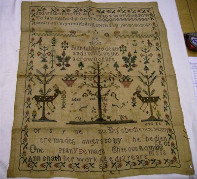 Lot 1161 - An Early 19th Century Unframed Needlework Sampler By Ann Snath, depicting Adam and Eve,...