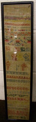 Lot 1164 - Framed Band Sampler By M Potts 1744, worked in coloured cross stitch threads featuring alphabet and