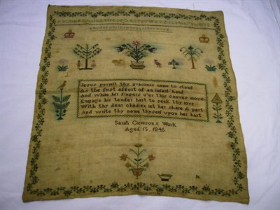 Lot 1165 - An Unframed Sampler Worked By Sarah Clemson, Aged 15 1845 with central religious verse,...