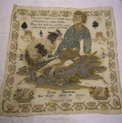 Lot 1167 - Unframed Sampler By Sarah Chapman Aged 12, 1835 worked in cross stitch depicting a seated...