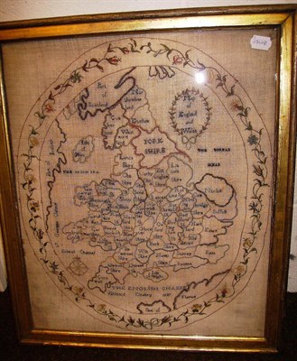 Lot 1169 - Gilt Framed Oval Map Sampler Of England And Wales By Patience Dealtry Dated 1797 within a...