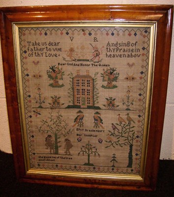 Lot 1170 - Maple Framed 19th Century Sampler Worked By Epsy Brackenbury depicting a house, Adam and Eve,...