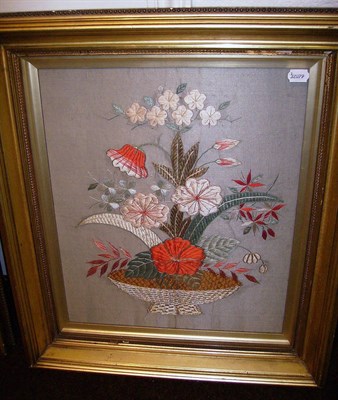 Lot 1172 - Pair Of Gilt Framed Embroidered Pictures Depicting Baskets Of Flowers worked in wool, silks and...