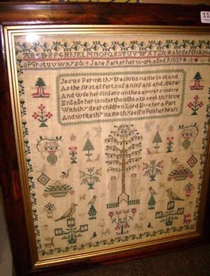 Lot 1176 - Rosewood Framed Adam And Eve Sampler Worked by Jane Parker, Aged 9 1839 worked in silk cross stitch