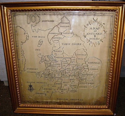 Lot 1177 - Gilt Framed 19th Century Embroidered Map Of England And Wales worked on a cream silk ground in silk