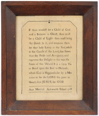 Lot 1178 - Framed Sampler Worked By Ann Merrick, Ackworth School 1788  a central religious verse within a...